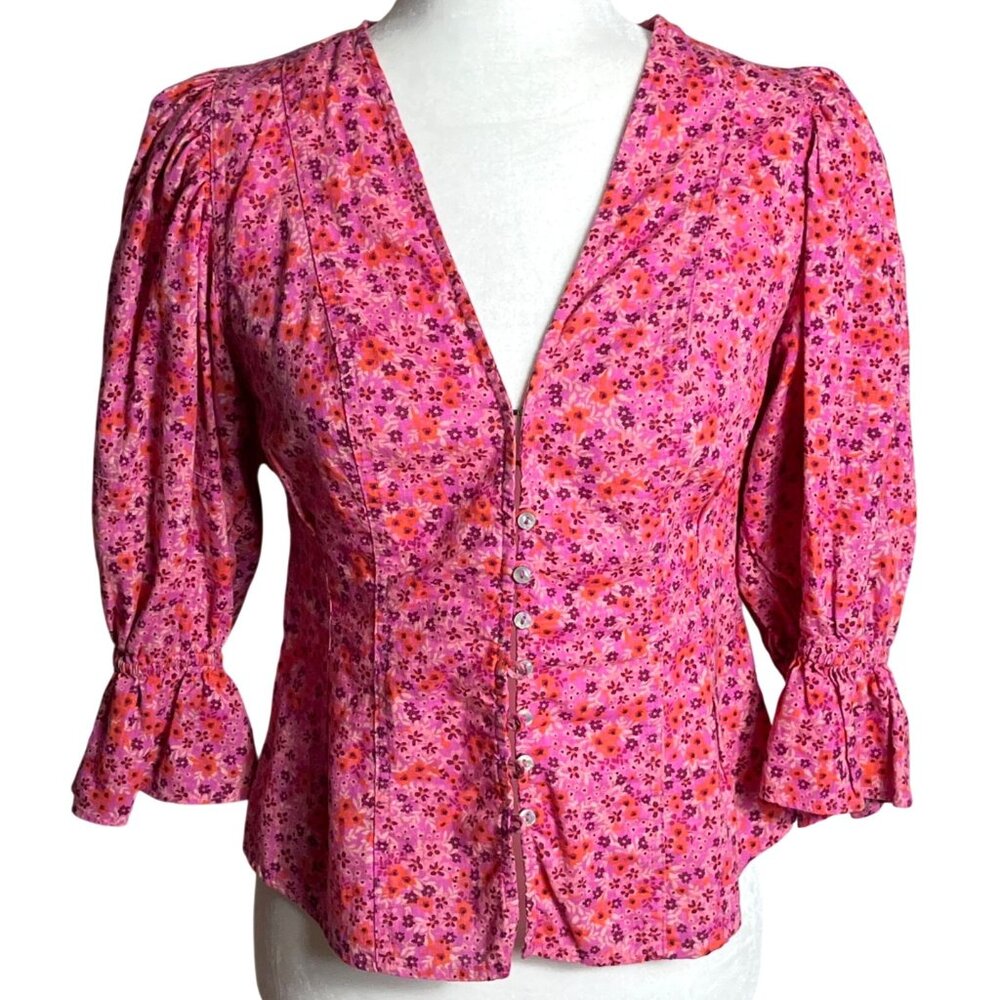 Free People I Found You Top Pink Floral Puff Sleeve Boho Cottagecore Zoey Wom S
